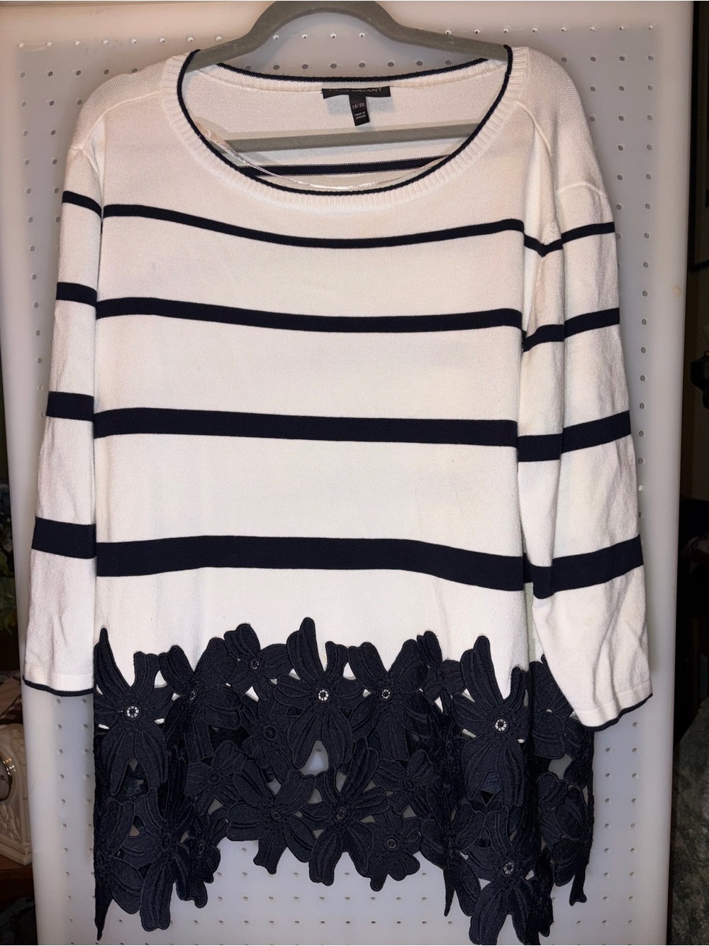Lane Bryant Striped Pullover Sweater featuring a dark floral lace applique hem
